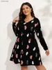 Casual Dresses Finjani Women's Dress Plus Size Feather Print Belted Dress Fashion Party Dresses V-neck High-Stretch Spring And Autumn Dress New L230520