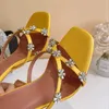 Amina Muaddi Kvinnors blomma högklackade tofflor Satin Silky Crystal Decoration Winkor Glass Hälen Sandaler Luxur Designer Dress Shoes 9.5cm High Heels 35-42