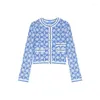 Women's Knits Round Neck Retro Jacquard Blue White Knitted Cardigan 2023 Spring Commuter Single Breasted Long-sleeved Jacket Woman