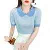 Kvinnors tröjor 2023 Koreanska blå randiga sommarkvinnors tröjor Stickande damer T-shirts Elastiska tunna Casual Cotton Wool Basic Tops
