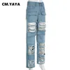 CMYAYA Damesmode Ripped Hollow Out Tassel Pocket Front Safari Style 2023 Zomer INS Street Denim Broek Broeken 230519