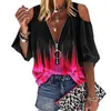 Womens Blouses Shirts Summer Women TShirts Sexy Off Shoulder Short Sleeve Tops Tie Dye Printing Zip Up V Neck Clothing 230519