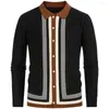 Herrtröjor Fashion Europe-USA Style Men Viscose Polo Collar Striped Jacquard Splicing Single-Breasted Long Sleeve Cardigan tröja