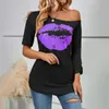 Kurzarm-T-Shirt mit Lippendruck für Damen, schulterfrei, unregelmäßige Ärmellänge, modisches Slim-Fit-Top