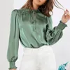 Blouses voor dames elegante satijnen dames blouse massief kantoor dame veter-up lange mouw zijden shirts herfst nek groene tops blusas 23346