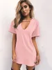 Grundläggande avslappnade klänningar Sexig elegant klänning Wrap Deep V Neck Cut Out Loose Dress Women Solid Color Short Sleeve Mini Dress Club Party Vestidos 230519