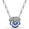 Halsband 100% 925 sterling silver glittrande frihand hjärta blå pansy blommor pendel halsband passa europa pärla charm diy smycken