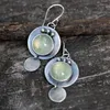 Dangle Earrings Boho Vintage Big Round Blue Moonstone For Women Retro Tribal Antique Silver Color Disc Circle Hook