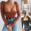 Dames jumpsuits rompers dames dames sexy bodysuit long mesh puff mouw vierkante nek bodyon slanke rekbare jumpsuit romper mode 230520