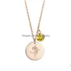 Pendant Necklaces Shiny Birthstone 12 Months Flower Necklace Dainty Rose Gold Coin Engraved Stainless Steel For Women Gift Mothers D Dhxor