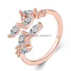 Band Rings Simple Leaves Ring Fashion Copper Inlayed Zircon Opening Sier Gold Rose Adjustable Finger For Women Girls Drop De Dhdxb