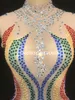 Kvinnor Jumpsuits Rompers Women Colorful Rainbow Tassel Mesh Leotard Rhinestones Perspective fringes bodysuit scen outfit wear performance dance costume 230520