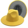 ワイドブリム帽子黄色の灰色のパッチワークウールフェルトフェドーラ帽子女性ユニセックスパナマパーティートリルビーカウボーイキャップメンズ紳士ウェディングELOB22