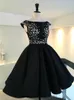 Prom Dresses Hi Lo Fancy Black Satin Ball Gown Party Dresses Cocktail Dress Cap Sleeves Evening Gowns