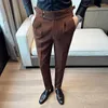 Trajes para hombre, pantalones formales de gofres para hombre, diseño de cinturón a la moda, pantalones de vestir para hombre, pantalones de traje informales de negocios ajustados simples de talla grande 29-36