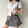 Damen-Blusen, Hemden, Retro-College-Stil, Doppeltaschen-Revers, schlankes, kurzärmliges weißes Hemd, Sommer-Top, Blusa feminina 230519