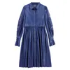 Robes décontractées Johnature femmes Denim coton 2023 printemps évider vêtements bouton bleu Vintage a-ligne genou-longueur