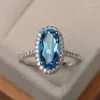 Wedding Rings Exquisite Silver Color Band Oval Cut Blue Zircon Cocktail Party Women's Ring Bridal Jewelry Fashion Crystal Gifts
