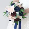 Decorative Flowers Pink Burgundy & White Artificial Wedding Bridal Bouquet Blooming Real Touch- Rose For Ceremony Dropship