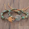 Perlé Naturel Pierre Arbre De Vie Charm Strand Bracelet Pour Les Femmes À La Main Double Couche Africain Turquoise Perles String Tressé Yoga Dhpix