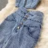 Tweede stuk jurk Amolapha dames jeans vestskirts sets riemen tops knoppen denim rok pakken voor vrouw 230519