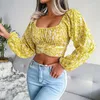 Kvinnors T -skjortor Wrap Top 2023 Spring Summer Floral Crop Chiffon Women's Shirt Lace Up Holiday Long Sleeve Going Out Tops Women kläder