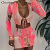 Two Piece Dress Chicology neon mesh 2 two piece set lace up crop top skirt lady outfits women summer sexy club clothes festival streetwear 230519
