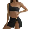 Kvinnors badkläder 3st/set backless linjer textur bikini kjol set en axel bh hög midja trosor sexig elastisk push-up