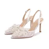 Sandaler Sweet Pearl Mules Summer White Latice Women Shoes Stiletto Heels Wedding Sandalias Mujer Elegant Point Toe Sandalessandals