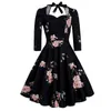 Robes Élégant Floral Rétro Midi Robes D'été Femmes Col En V Manches 3/4 Sexy Dos Nu Noir Fête Vintage Une Ligne Grande Robe Patineuse Swing