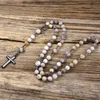 Pendant Necklaces Natural Bamboo Leaves Agate Catholic Christ Rosary Bead Long For Women Men Hematite Cross Necklace