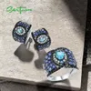 Sets SANTUZZA 925 Silber Schmuck Set Für Frauen Funkelnden Blau Schwarz Spinell Ohrringe Ring Set Luxus Charming Party Edlen Schmuck