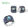 Sets SANTUZZA 925 Silver Jewelry Set For Women Sparkling Blue Black Spinel Earrings Ring Set Luxury Charming Party Fine Jewelry