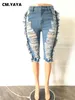 Damenjeans CM YAYA Damen-Jeans, elegant, zerrissenes Loch, Quaste, Seitenstraße für den Sommer, schick, INS, hohe Taille, Reißverschluss, knielange Denim-Hose 23519 230519