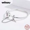 Bangle Wostu 100% 925 Sterling Silver Heart Key Safety Chain Armets Pink Zircon Charm Bangle for Women Silver 925 SMEEXKE CQB143