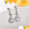 Dangle Lustre Mode Rond Cubic Zirconia Boucle D'oreille Pour Les Femmes Fille Élégant Cz Micro Pave 925 Sier Pin Mariée Fête De Mariage Bijou Dhdbt