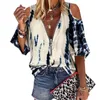 Womens Blouses Shirts Summer Women TShirts Sexy Off Shoulder Short Sleeve Tops Tie Dye Printing Zip Up V Neck Clothing 230519