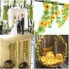 Flores decorativas Garland de girassol de seda artificial de 260cm/8,5 pés de sunflowe amarelo com folhas verdes para decoração da mesa de casamento