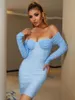 Casual Dresses Seamyla Long Sleeve Off Shoulder Bodycon Bandage Dress Elegant Sexy Sky Blue Mini Celebrity Evening Runway Cocktail Party