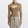 Herrtankstoppar sexiga ihåliga långärmade 2 stycken Set Top Men's T-shirt Elastic Sticked Plus Size Vest Pullover
