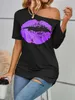 Kurzarm-T-Shirt mit Lippendruck für Damen, schulterfrei, unregelmäßige Ärmellänge, modisches Slim-Fit-Top