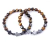 Strand Synthetic 8mm Tiger Eye Stone Beads Hematite Jesus Cross Bracelets Women Men Jewelry Gift Yoga Party Drop