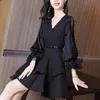 Basic Casual Dresses Vintage Fashion Knie-Length Women's Clothing V-Neck Chiffon Lace Dresses For Women Empire Solid Pullover Spring Autumn 230520