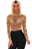 Mumins femininos Rompers Mulheres Sexy Bodycon Clubwear Black Gold Faux Bustier Mesh Mesh Turtleneck Mangas compridas Bodysuit skinny Autumn 230520