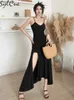 Abiti casual Sylcue Black Mysterious Glamorous Intellettuale Elegante Trend maturo Niche Designer Formal Women's Evening Queen Suspender Dress L230520