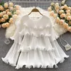 Autumn Women New Western Round Neck Ruffled Loose Pleated Chiffon Shirt Women Long Sleeve Solid Color Casual Blouse Tops Mujer 2023