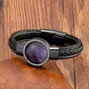 Bangle Natural Round Gemstone Pave Setting Cubic Zirconia Men Bracelet Leather Rope Chain Stainless Steel Male Bangles Luxury Jewelry
