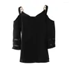 Women's Blouses 2023 Women Summer Contrast Mesh Chain Strap Cold Shoulder Top Sexy Lady Fashion V-Neck Half Sleeve Sheer Shirts Robe Femme