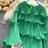 Autumn Women New Western Round Neck Ruffled Loose Pleated Chiffon Shirt Women Long Sleeve Solid Color Casual Blouse Tops Mujer 2023