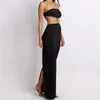 Basic Casual Jurken Puloru Zwart Off Schouder Party Tube Top Jurk Elegante retro mouwloze Strapless Hollow Out Backless Split Wrap Dress Vestidos 230520